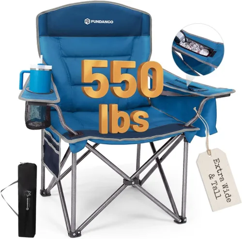 Vista 9 de FUNDANGO Silla de campamento de gran tamaño para adultos, silla de césped plegable portátil de servicio pesado con asiento y respaldo acolchados
