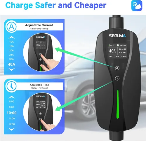 Vista 3 de SEGUMA Cargador EV de Nivel 2, Cargadores de Coche Eléctrico de 40 Amperios, Cable de 25 Pies con Enchufe NEMA 14-50, Corriente Ajustable, Retardo