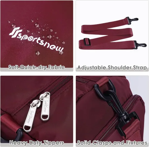 Vista 4 de Bolsa deportiva de gimnasio con bolsillo húmedo y compartimento para zapatos, bolsa de yoga ligera para hombres y mujeres, 2-Wine Red-Nueva versión