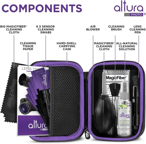 Vista 2 de Altura Photo Kit profesional de limpieza de cámara para cámaras DSLR APS-C y sin espejo, limpiador de lentes y sensores, incluye funda, aerosol