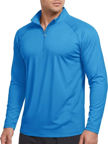 Vista 11 de CRYSULLY Camiseta de manga larga con cremallera de 1/4 para hombre, con protección solar, pullover UPF 50+, rash guard para correr, camiseta ligera