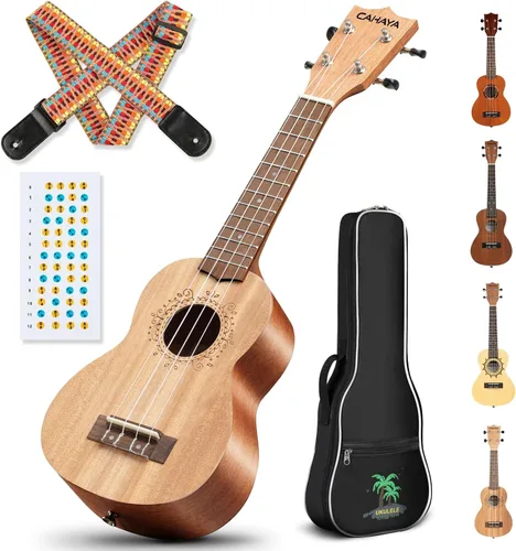 Vista 9 de CAHAYA Ukelele soprano para principiantes: kit de ukelele de 21 pulgadas para principiantes con bolsa de transporte, correa para el hombro Marrón