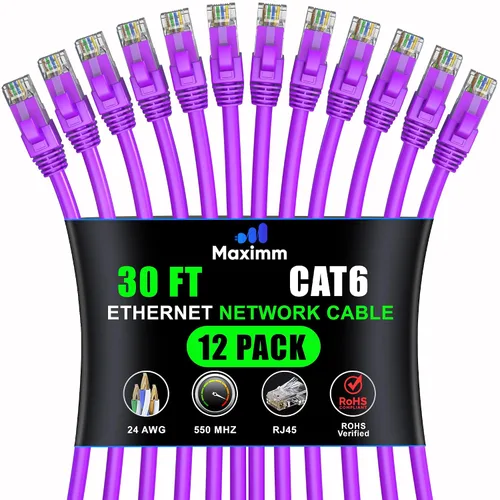 Vista 48 de Maximm Cable Ethernet Cat6 de 7 pies, 10 Gbps 550 MHz, negro, paquete de 12