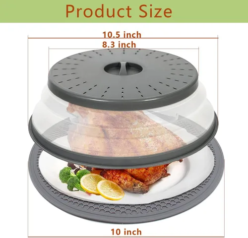 Vista 2 de Cubierta de salpicaduras de microondas de 10.5 pulgadas para alimentos con alfombrilla de 10 pulgadas, tapa protectora de salpicaduras de silicona