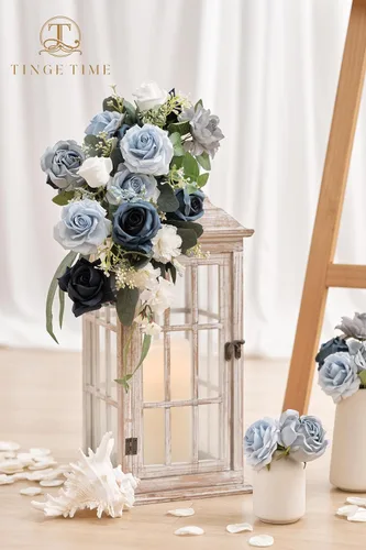 Vista 9 de TINGE TIME - Flores artificiales, 25 piezas, rosas azules degradado de aspecto real con tallo para manualidades, ramos de novia, centros de mesa