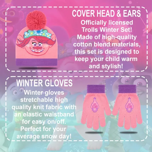 Vista 2 de Trolls - Juego de sombrero y guantes para niñas, 2 piezas, sombrero de invierno con guantes de Trolls Poppy para niñas, juego de sombrero y guantes