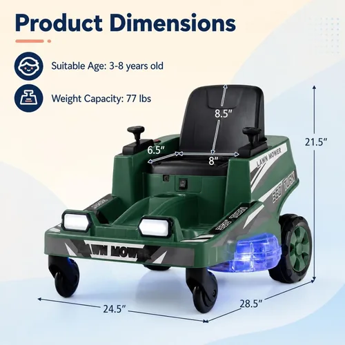 Vista 6 de GLACER Cortacésped de giro cero para niños de 12 V, coche eléctrico con Verde