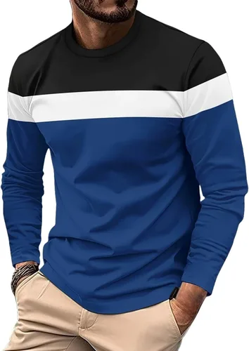 Vista 9 de Camiseta de manga larga para hombre, clásica, casual, cuello redondo, bloque de color, ajuste relajado