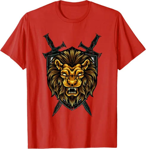 Vista 103 de Camiseta con diseño de caballero medieval renacentista, con diseño de espada de león, Negro, S