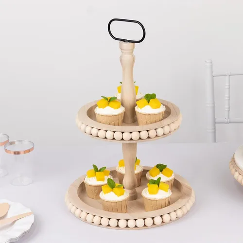 Vista 11 de Efavormart - Juego de 3 pedestales de postre semicírculo de madera marrón rústica de 3 niveles, elevadores de exhibición de cupcakes de media luna
