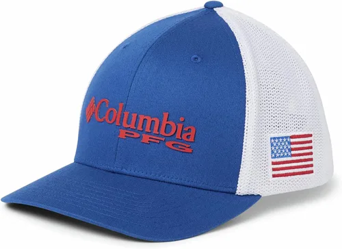 Vista 4 de Columbia PFG - Gorra con malla, color Mountain Blue, con aplique bandera de EE. UU., talla S y M