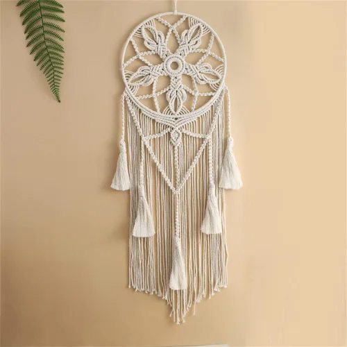 Vista 3 de Tapiz de atrapasueños, bohemio, macramé, tejido de algodón, hecho a mano, arte bohemio con borlas, adorno para dormitorio, sala de estar