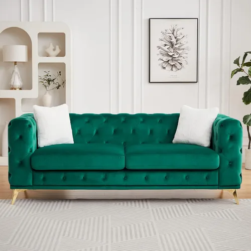 Vista 18 de KEIKI Sofá Chesterfield de terciopelo de lujo extragrande de 61 pulgadas con 2 almohadas, estilo mediados de siglo, sofá de 2 plazas con botones