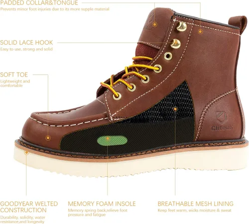Vista 3 de Men's 6" Soft Toe Work Boots Full Grain Leather Moc Toe Waterproof Wedge Sole Comfortable Construction Boots