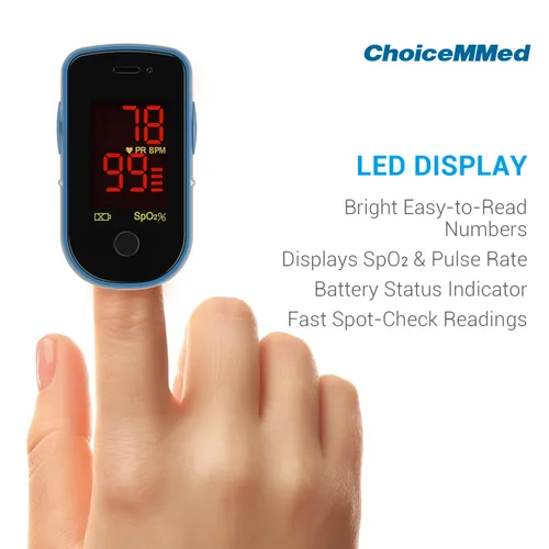 Vista 2 de CHOICEMMED Oxímetro de pulso de dedo, monitor de oxígeno en sangre azul con baterías, sensor de saturación de O2 portátil en bolsa de transporte