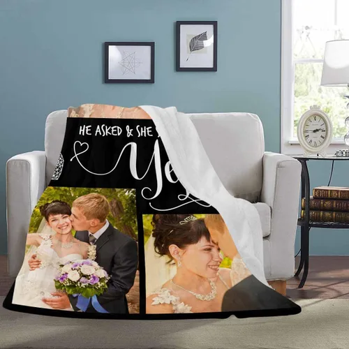 Vista 3 de Manta de fotos personalizada, manta de pareja de boda, con texto en inglés «He Asked And She Said Yes», 4 fotos, manta de boda, regalo romántico