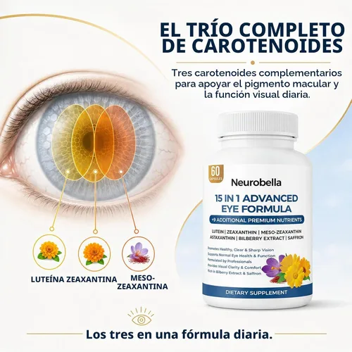 Vista 3 de Fórmula avanzada 15 en 1 para los ojos, vitaminas oculares con luteína, zeaxantina y meso-zeaxantina, arándano, azafrán y astaxantina, apoyo