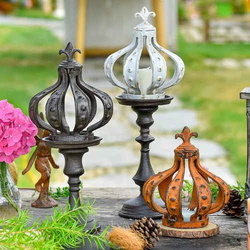Vista 7 de Sungmor Escultura de corona de hierro fundido, marrón antiguo con acento rústico, cubierta de vela creativa, centro de mesa, estatua de corona