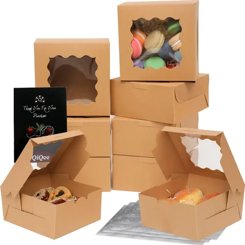 Vista 3 de Bakepacker 60 cajas de papel kraft para panadería con ventana de 6 x 6 x 3 pulgadas de grosor y resistentes cajas de pastelería de macarrones