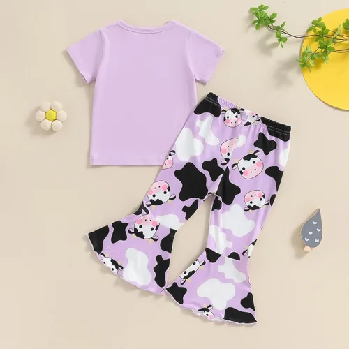 Vista 77 de fhutpw Conjunto de camiseta de manga corta con estampado de vaca y pantalones acampanados de dibujos animados para niñas
