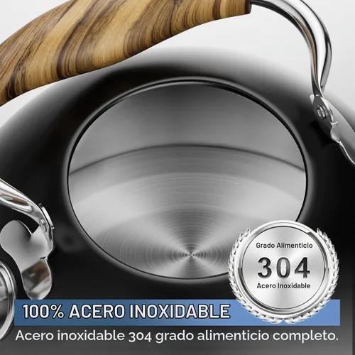 Vista 8 de Hervidor de té silbante de 2.6 cuartos de galón para estufa, de acero inoxidable de grado alimenticio con mango de madera con patrón fresco Negro