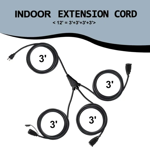 Vista 6 de EP 12 FT 16/3 SJTW - Cable de extensión para interiores, 1 a 3, divisor de Máximo 6 pies de extremo a extremo (12 pies en total) 3 clavijas