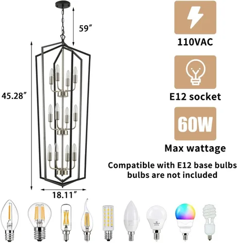 Vista 4 de WJShome Lámpara Colgante de Linterna de 12 Luces, Candelabros de Vestíbulo para Techos Altos, para Entrada, Vestíbulo, Isla de Cocina, Comedor, Sala