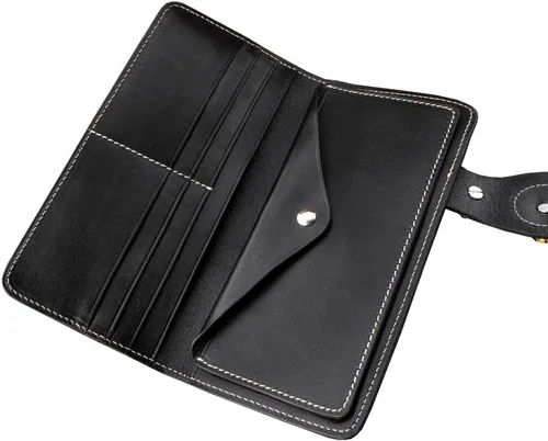 Vista 6 de Cartera larga de cuero gótico de lobo para hombre con tarjetero de cadena, Negro