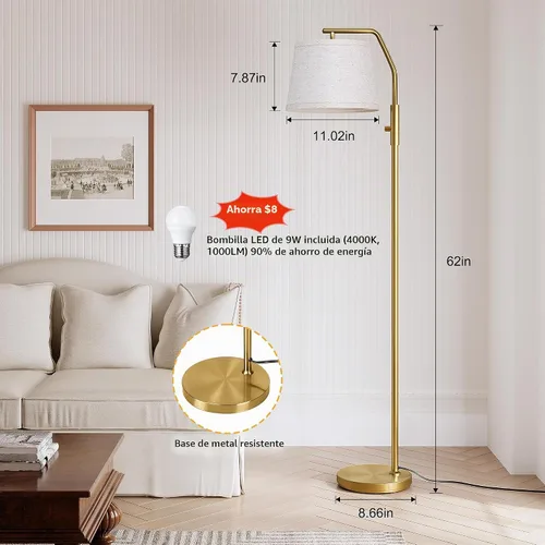 Vista 4 de SUNMORY Lámparas de pie para sala de estar, bombilla de 9W incluida, lámpara para dormitorio con cabezal ajustable, lámpara de pie con interruptor