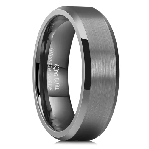 Vista 18 de King Will Anillo de tungsteno para hombres de King Will - Disponible en 6 mm a 10 mm, negro/plata, acabado mate, borde biselado pulido, ajuste