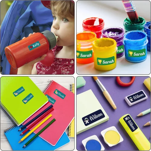 Vista 6 de 100 etiquetas adhesivas de nombre personalizadas para niños, suministros escolares, etiquetas de nombre para botellas de agua de guardería