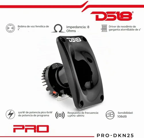 Vista 2 de DS18 PRO-DKN25 - Controlador de neodimio con bocina de aluminio, 1 pulgada, 120 W de potencia máxima, 60 W RMS, 8 ohmios, bobina de voz de 1