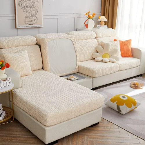 Vista 4 de vctops Funda de sofá de jacquard suave, funda elástica para sofá, funda elástica para sofá, parte inferior elástica, protector de muebles Beige