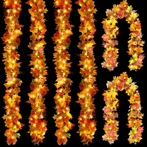 Vista 8 de 2 guirnaldas de otoño con luz, decoración de hojas de otoño, 40 luces LED, guirnalda de hojas artificiales de otoño, guirnalda de otoño, decoración