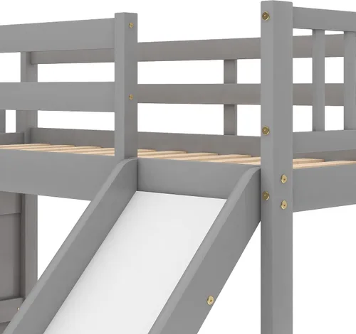 Vista 2 de SOFTSEA Twin Over Twin Low Bunk Bed with Slide and Stairs, Kids Floor Bunk Beds with Storage, Gray Grey