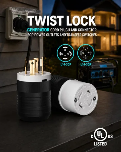 Vista 3 de Paquete de 1 enchufe de bloqueo NEMA L14‑30P de 30 amperios macho 30A 250V Twist Lock L14‑30, enchufe de grado industrial de 3 polos de 4 cables
