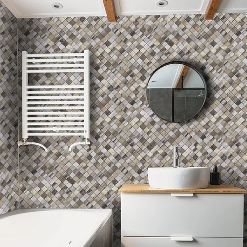 Vista 4 de STICKGOO Azulejo árabesco para salpicaduras de pelar y pegar, para salpicaduras de cocina y baño, grano de madera dorada con aspecto de mármol, PVC