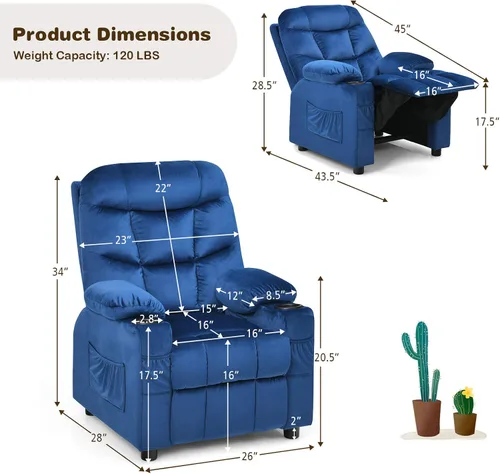Vista 3 de Costzon Silla reclinable para niños con soporte para tazas, silla de salón de terciopelo ajustable con reposapiés y bolsillos laterales