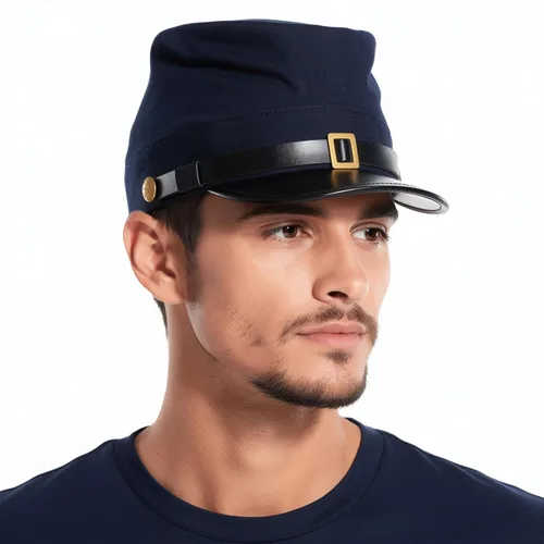 Vista 4 de SZCO Supplies Blue Wool Civil War Replica Kepi Hat with Leather Bill – Authentic Reenactment, Display & Cosplay Cap
