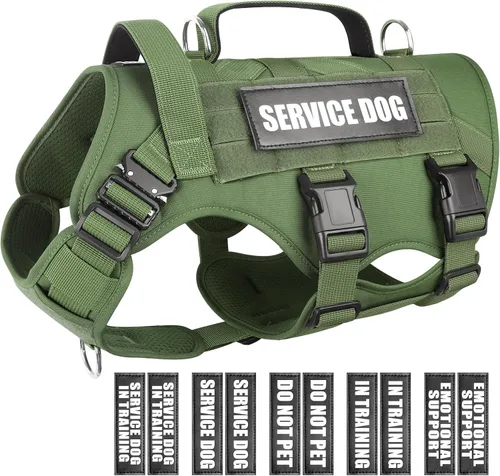 Vista 13 de WINSEE - Arnés tipo chaleco para perro de servicio para perro mediano, chaleco táctico MOLLE con 10 parches para mascotas, arnés resistente sin