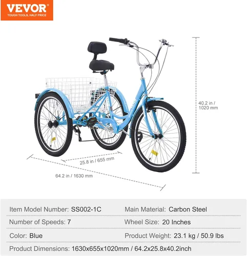 Vista 7 de VEVOR Bicicleta de triciclos para adultos, triciclos para adultos de 7 velocidades, bicicletas de tres ruedas de 20 pulgadas, bicicleta de crucero