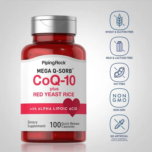 Vista 3 de Piping Rock CoQ10 120mg 100 Cápsulas Con arroz de levadura roja y ácido alfa lipoico Mega Q-Sorb Coenzima Q10 Suplemento sin OMG, sin gluten