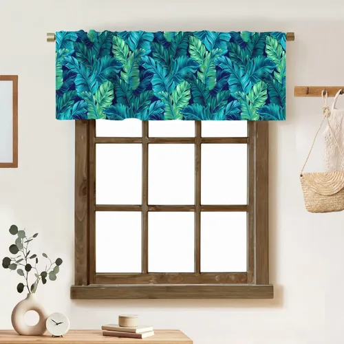 Vista 21 de Cortina de cenefa de hojas verdes tropicales, diseño de hojas de palmera, cenefa con bolsillo para barra, 1 panel, cortinas cortas para cocina
