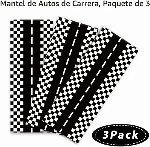Vista 4 de Mantel de plástico de 3 piezas con dos decoraciones de cumpleaños rápido, con bandera a cuadros, funda de mesa desechable para niños