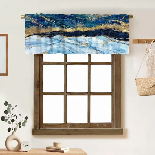 Vista 50 de Cortina de cenefa de mármol verde con venas doradas de mármol negro, diseño abstracto de lujo, elegante cenefa con bolsillo para barra, 1 panel