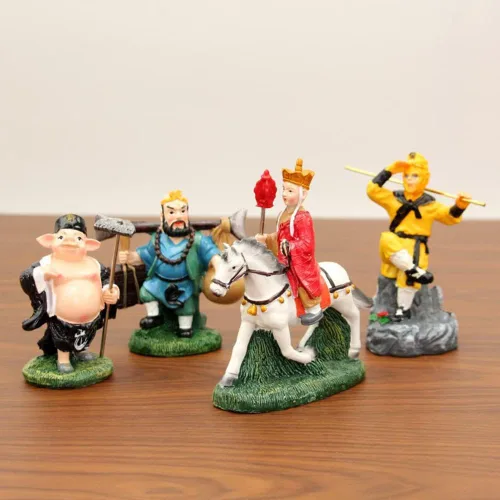 Vista 3 de 4 piezas de estatua de viaje al oeste, figura de Sun Wukong, escultura de monje de Buda de resina para decoración de oficina en casa, regalos