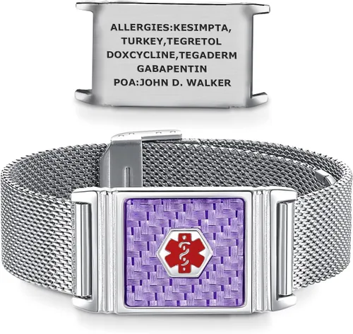 Vista 10 de Alpha - Pulsera unisex de acero inoxidable para identificación de alerta médica, ajustable, talla única