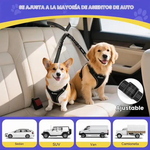 Vista 3 de Cinturón de seguridad para perros Pawaboo para coche, cinturón de seguridad para mascotas con reposacabezas y doble correa, 360° sin enredos para 2