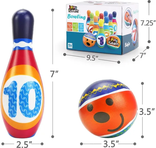 Vista 7 de iPlay, iLearn Juego de juguetes de bolos para niños, juego de actividades para interiores y exteriores, juego de 10 pines de espuma suave y dos