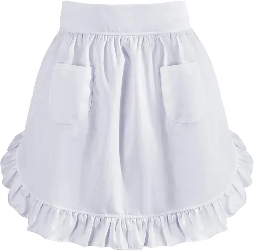 Vista 15 de Geyoga Delantales para mujeres con bolsillos Cocina Cocinando Camarera Sirvienta Delantal Falda Vintage Lindo Volantes Vestido Disfraz, Blanco